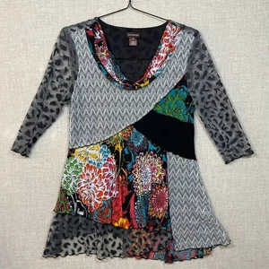 Multiples Patchwork Tunika Top Medium Mesh transparente Ärmel Blumenmuster Boho künstlerisch - Bild 1 von 6