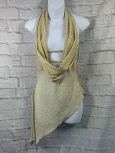 Lipsy Jersey Blouse Size M 10 Gold Sparkly Drape Plunge Neck Open Back Festival - Picture 1 of 9