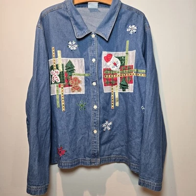 Camisa Carolina Blues Navidad Denim Abotonada 2X Mujer Vintage Ropa Vacacional Foto 1 de 4