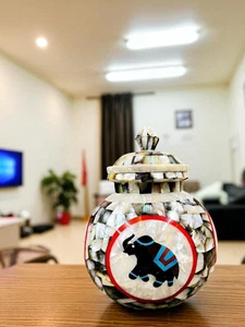 Florero de mármol de 12" maceta matka con tapa negro con incrustación de fregona jarrón decoración del hogar artes - Imagen 1 de 6