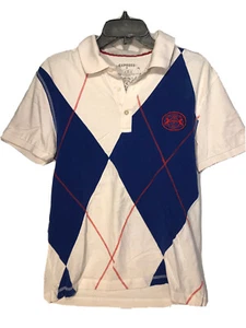 Express Men's Medium Cotton Diamond Patchwork Argyle Polo Shirt Logo Lions Patch - Picture 1 of 5