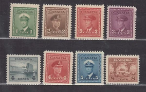 1942 #249 to #256 1¢ TO 8¢ EIGHT(8) KING GEORGE VI WAR ISSUE STAMPS F-VF - Foto 1 di 2