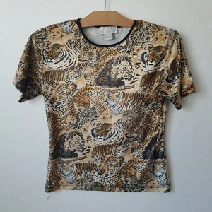 Vintage Priority Damen M Animal Print Crop Top Fee Grunge Löwe Tiger Leopard Y2K - Bild 1 von 7