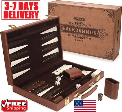 Backgammon Board Game Set Portable Foldable Travel Backgammon Set Leather Case - Image 1 of 4