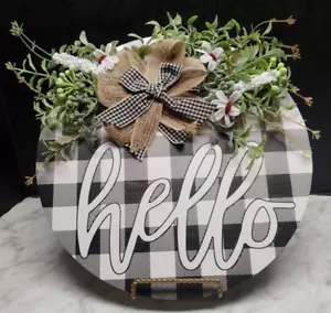 Hello Door Hanger Wreath Round Decor 12” Circle Wood Checkered Black and White - Picture 1 of 6