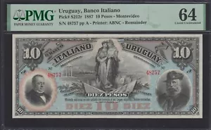 URUGUAY ,BANCO ITALIANO, S212r 10 PESOS 1887 PMG64 🔥 - Picture 1 of 2