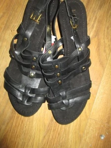 RALPH LAUREN BLACK LEATHER GLADIATOR WEDGE SANDAL SHOES, 10 NEW, LQQK!!! - Picture 1 of 3