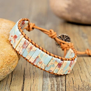 Brazalete de piedras preciosas boho de cuero trenzado a mano con cuentas de tubo de ópalo africano natural regalo - Imagen 1 de 5