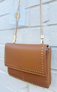 New MMS Studio Brown Gold Studded Chain Strap Faux Leather Crossbody Bag - Picture 1 of 6