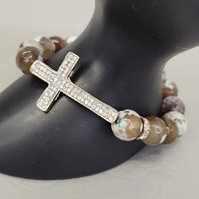 Pulsera Cruz Cuentas Elástico Ágata Blanco Marrón Piedra Redonda Foto 1 de 4