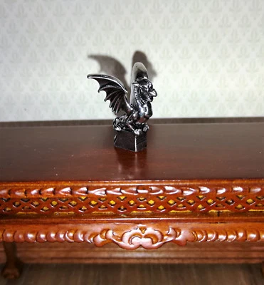 BRIGHT DELIGHTS Miniature Dragon Statue Silver Metal 1:12 Scale Dollhouse 7/8" Tall Detailed