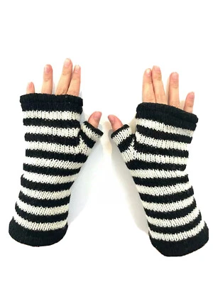 Hand Knitted Lined Wool Wrist Warmers White Striped Fingerless Gloves Mittens - Image 1 of 3