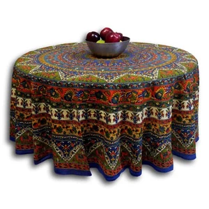Tovaglia floreale stampa elefante mandala cotone rotonda 76 pollici blu oro rosso - Foto 1 di 3
