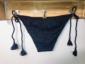Victoria Secret Swim Medium Crochet Cheeky Bikini Bottom Side Tie Black Bead M - Picture 1 of 4