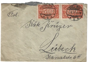 Alemania, cubierta Earl Hyperinflation, par de 500m, Kiel a Lubeck, 1.8. 1923 - Imagen 1 de 1