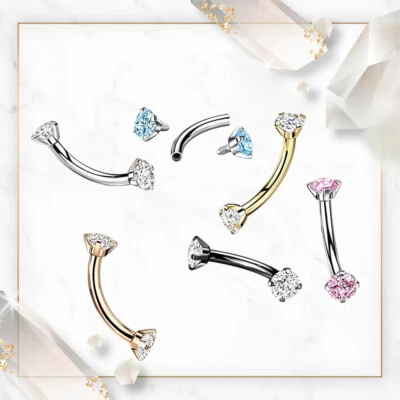 G23 Solid Titanium 16G Eyebrow Ring Curved Barbell Prong Set CZ Crystal Gem 8mm - Image 1 of 4