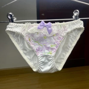 Vintage Ivory Silky Nylon Panty Bikini Sz.5 Lavender Floral White Lace Briefs - Picture 1 of 22