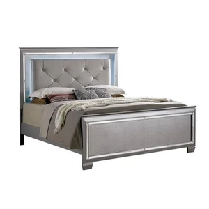 Bowery Hill Contemporary Wood Queen LED Panel Bed with Mirror Trim in Silver - Picture 1 of 5