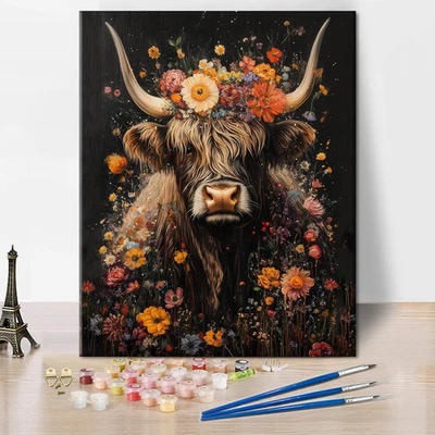 TISHIRON Paint by Numbers Kit for Adults Scottisch Highland Cow with Explosion of Flowers