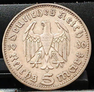 Moneda de plata alemana 1936 J 5 marcos Segunda Guerra Mundial Tercer Reich Reichsmark tonificado Y82 Foto 1 de 3