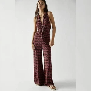 Mono halter Free People Shayla marrón rosa estampado geométrico grande para mujer - Imagen 1 de 10