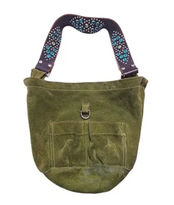 Tylie Malibu Suede Rhinestone Leather Strap Boho Slouchy Bag Green Y2K 90s Purse - Picture 1 of 8