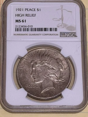 1921 High Relief Peace Silver $ NGC MS61 - Image 1 of 2