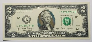 2017 A $2 GEM UNC very fancy radar 2 digit 6 of a kind 7's serial# L77788777B - Picture 1 of 2