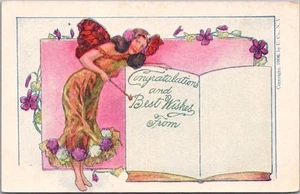 Postal de felicitación vintage de 1906 "Felicitaciones y mejores deseos" HADA / sin usar - Imagen 1 de 2