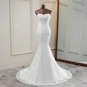 Customized Sexy Strapless Wedding Dress Lace Applique Off Shoulder Bride Gowns - Picture 1 of 10