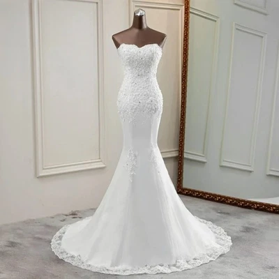 Customized Sexy Strapless Wedding Dress Lace Applique Off Shoulder Bride Gowns - Image 1 of 4