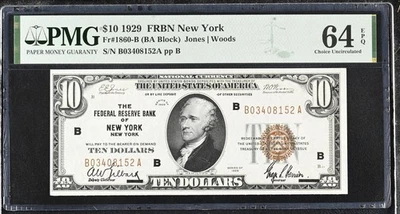 1929 $10 New York Federal Reserve Banknote FR.1860-B --- PMG 64 EPQ Choice Unc - Image 1 of 3