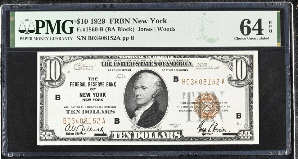 1929 $10 New York Federal Reserve Banknote FR.1860-B --- PMG 64 EPQ Choice Unc - Image 1 of 3