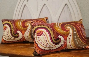 Pier 1 Throw Pillows Paisley Rectangular 9"x 17" Red Gold Boho Set of 2 - Picture 1 of 8