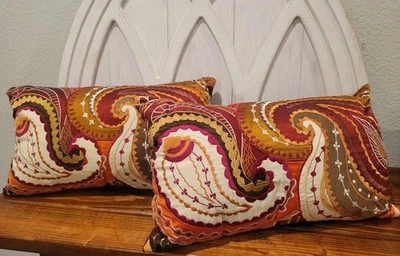Pier 1 Throw Pillows Paisley Rectangular 9"x 17" Red Gold Boho Set of 2 - Image 1 of 4