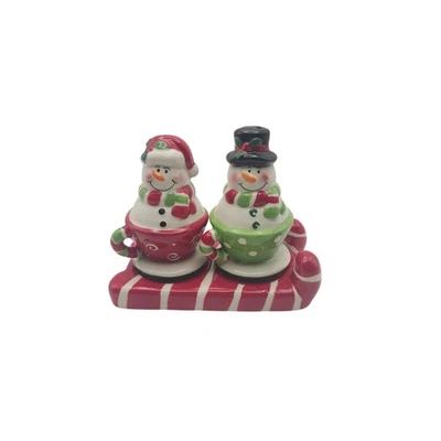 Juego de coctelera festiva muñeco de nieve sal pimienta con bandeja bastón de caramelo decoración de mesa de vacaciones Foto 1 de 4