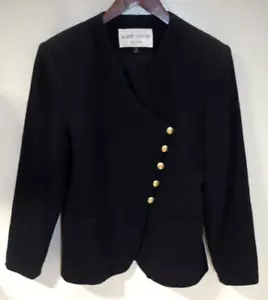 L - Albert Nipon Black Wool Crepe Blazer Jacket Gold Buttons Womens 6 Vintage - Picture 1 of 10