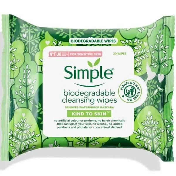 Simple - biodegradable Cleansing Facial Wipes For Sensitive Skin - 20 WIPES -NEW - Image 1 of 1