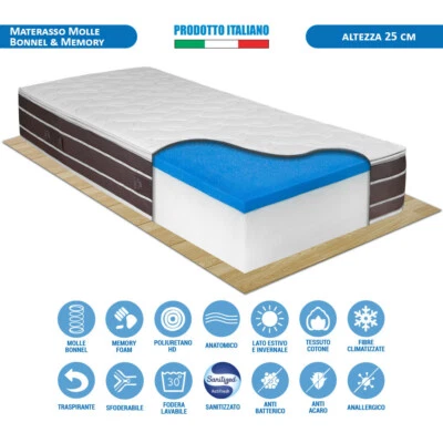 Materasso singolo 80x190 a molle rinforzate e memory alto 25 cm fino a 130 kg - Immagine 1 di 4