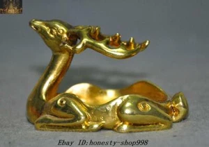 Estatua de ciervo de la suerte Feng Shui de latón de porcelana antigua de 3,2"" Lavado de pluma Cenicero estatua - Imagen 1 de 8