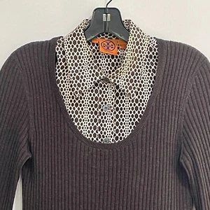 Tory Burch Collared Sweater Womens Medium Brown Wool Silk Layered Long Sleeves - Picture 1 of 11