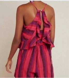 Amadi Anthropologie Striped Romper Linen Purple Pink Ruffle Sleeveless Womens XS - Picture 1 of 11