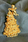 Vintage Chirstmas Tree Brooch Pin Dangle Star With Cherub Gold Tone By Ajc 2.5"