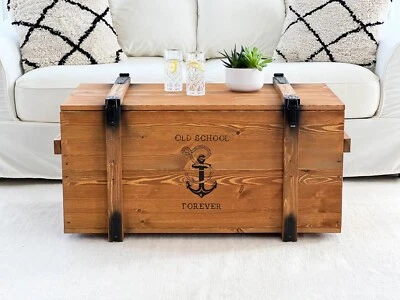 Chest Coffee Table Solid Wood Living Room Table Trunk Vintage Brown - Image 1 of 4