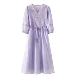 Women Ethnic Embroidered A-line Dress 3/4 Sleeve Drawstring Tunic Summer V-neck - Picture 1 of 9