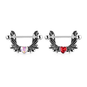 Surgical Steel Angel Wings Nipple Bar Ring Shield With Heart-Centered Crystal - Picture 1 of 5