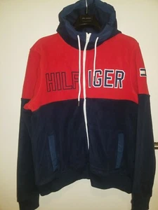 Tommy Hilfiger Fleece Hoody Zip-Up Spell-Out Colorblock Sweater Red Navy Medium - Picture 1 of 6