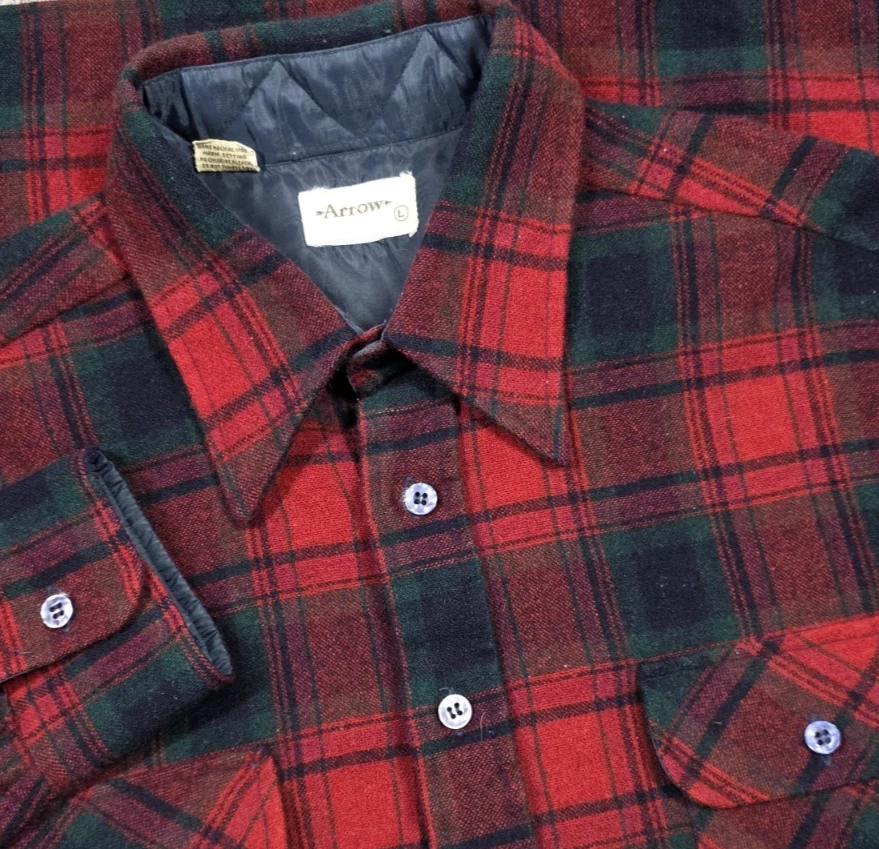 Vtg 60s Arrow Wool Red Buffolo Plaid Flannel Button Up Shirt Nylon Lined trim L - Image 1 of 4