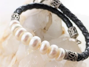 WI Vintage massives Sterlingsilber schwarzes geflochtenes Leder Perlenarmband 7,5 Gramm - Bild 1 von 6