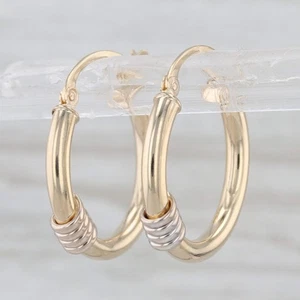 2-Toned Round Hoop Earrings 14k Yellow White Gold Snap Top Hoops - Picture 1 of 6
